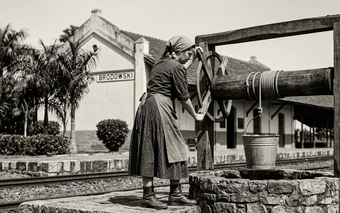 Mulher puxando água de poço próximo à antiga estação ferroviária de Brodowski